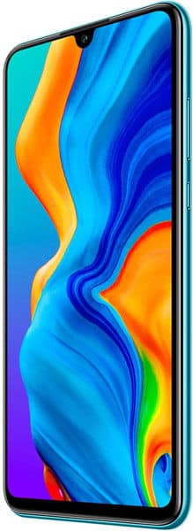 Huawei P30 Lite front view displaying colorful blue, orange, and purple gradient wallpaper on screen