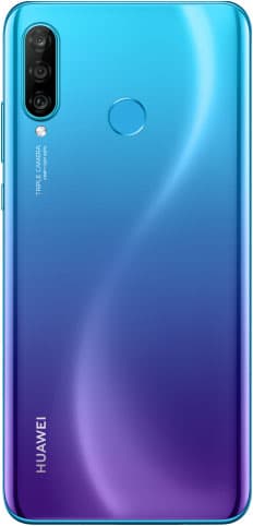 Huawei P30 Lite rear view, gradient blue-to-purple finish with triple camera array and fingerprint sensor