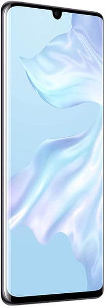 Front view of a smartphone with thin bezels, curved edges, top notch, and a light blue abstract design on the display.