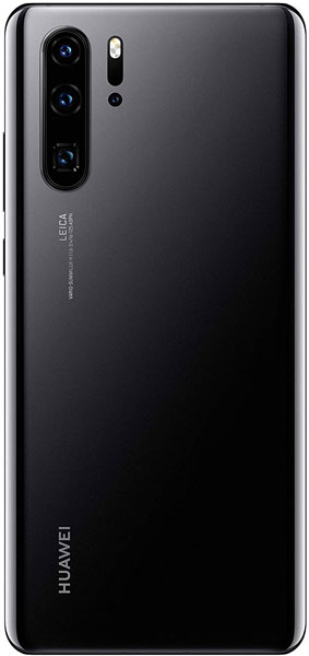 Rear view of black Huawei P30 Pro showing triple vertical cameras, flash, Leica branding, and Huawei logo at the bottom.