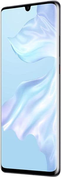 Huawei P30 Pro front view with edge-to-edge display, top-center notch, right-side buttons, blue-white wave pattern on screen.