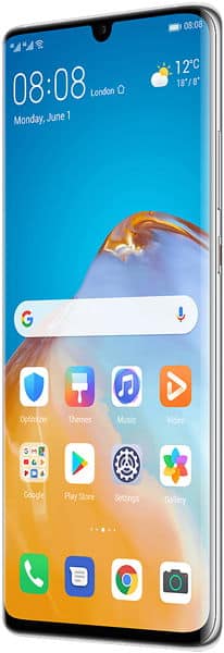Huawei P30 Pro New Edition front view, displaying home screen with weather widget, app icons, and time on blue gradient background