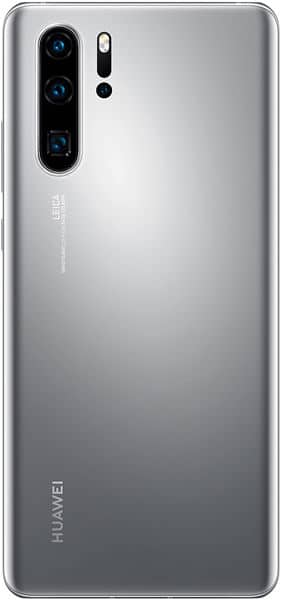 Huawei P30 Pro New Edition rear view, silver finish with triple camera array and Huawei branding