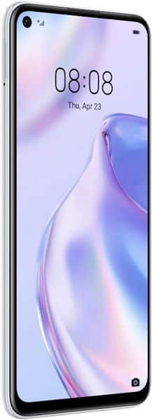 Front view of white Huawei P40 lite 5G showing top-left camera, 08:08, April 23, and pastel abstract wallpaper.