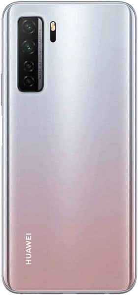 Rear view of Huawei P40 lite 5G with vertical triple cameras, flash top left, and logo bottom left on a silver-pink gradient back.