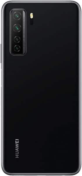 Rear view of black Huawei P40 lite 5G with vertical quad cameras, top-left flash, and Huawei logo at the lower left.