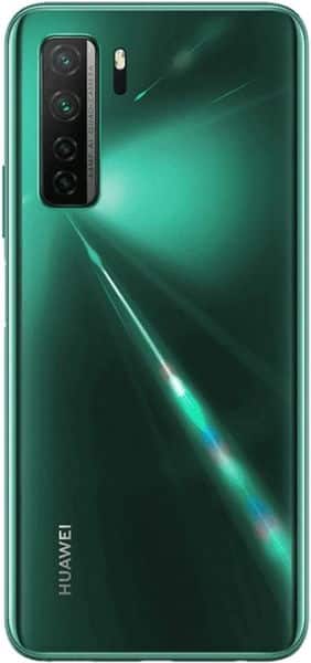 Rear view of green Huawei P40 lite 5G with vertical quad cameras, flash top left, logo bottom, and reflective streaked back.