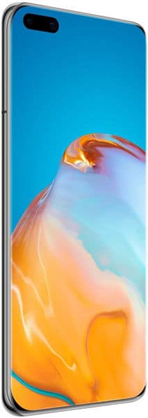 Huawei P40 Pro front view displaying blue sky and orange cloud wallpaper on screen