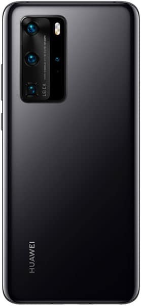 Huawei P40 Pro rear view, black, with triple camera module and Leica branding visible on upper left