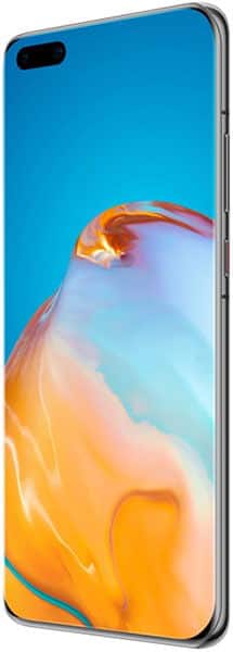 Huawei P40 Pro front view showing display with colorful abstract wallpaper featuring orange, yellow, and blue gradient design