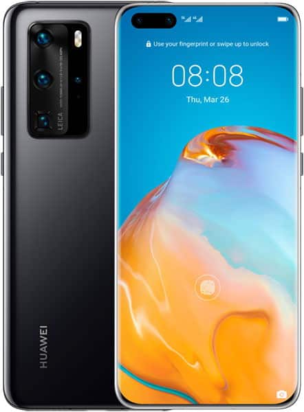 Huawei P40 Pro front and rear view, showing triple rear camera system and blue lock screen display