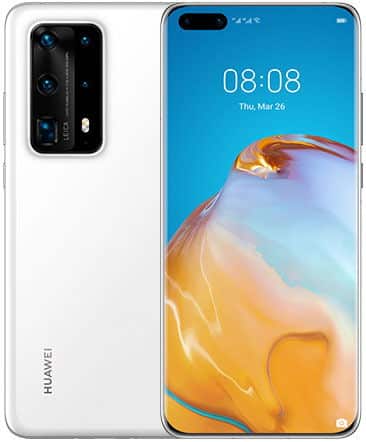 Huawei P40 Pro+ in white, shown front and rear, with quad rear cameras and display showing time 08:08 on Mar 26
