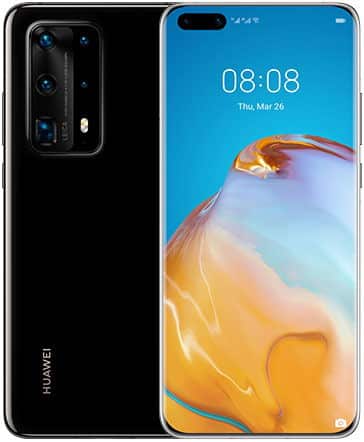 Huawei P40 Pro+ smartphone shown front and back, displaying black rear with multiple camera lenses and blue screen showing time and landscape wallpaper