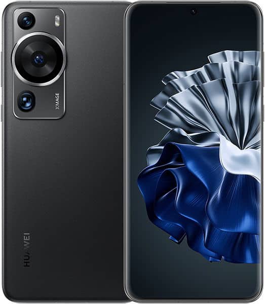 Huawei P60 Pro in black shown front and rear; large triple rear camera and blue-silver abstract display design visible.
