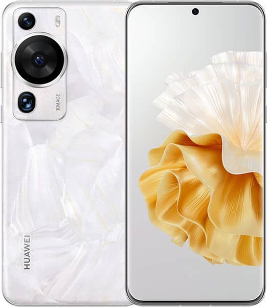 Huawei P60 Pro in white, rear view shows triple cameras and LED flash; front view displays a yellow and white flower wallpaper.