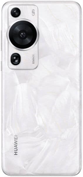 Rear view of white Huawei P60 Pro with marble-textured back, triple camera module top left, Huawei logo at lower left.