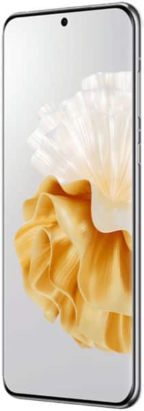 Huawei P60 Pro, thin bezel, centered front camera, displays abstract flower on screen; shown from front and slight right angle.
