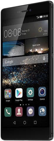 Front view of black Huawei P8 showing home screen with app icons, Google search bar, 08:08 time, and 15 April date.