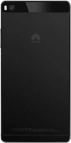 Rear view of black Huawei P8 showing centered logo, top left camera and flash, and regulatory markings at the bottom.