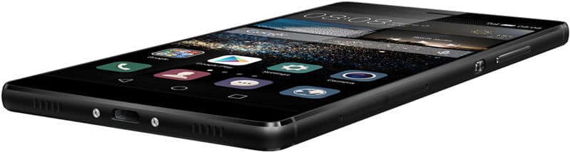 Huawei P8 smartphone front angled view, screen on with app icons visible, slim profile and rounded edges highlighted.