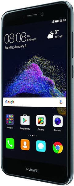 Huawei P8 Lite (2017) front view with home screen displaying weather, time, and app icons including Google, Google Play, and Camera