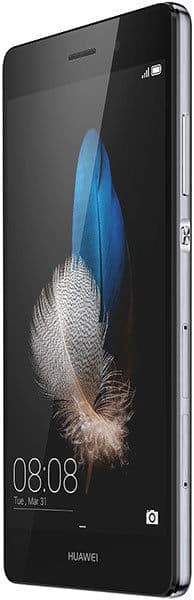 Black Huawei P8 Lite smartphone, front view, feather wallpaper, showing 08:08 time and March 31 date on display.