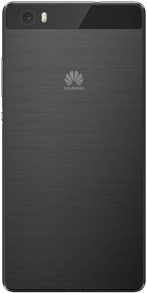 Rear view of black Huawei P8 Lite with single rear camera, flash, and centered Huawei logo on a brushed metal finish.