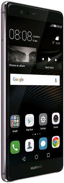 Huawei P9 front view displaying home screen with time, Google search bar, and app icons including Phone, Contacts, and Chrome