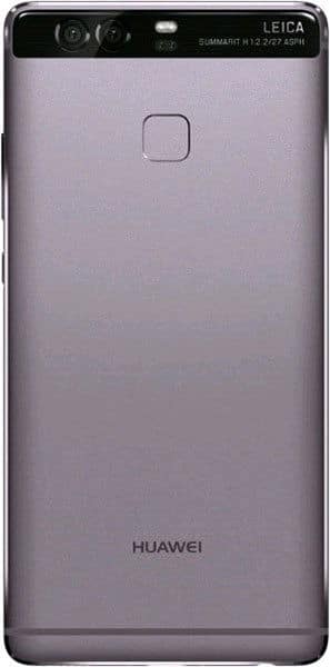 Huawei P9 rear view showing dual camera setup with Leica branding, fingerprint sensor, and gray finish