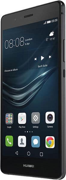 Huawei P9 Lite smartphone front view, displaying home screen with time, weather, and app icons including Phone, Contacts, Messages, and Camera