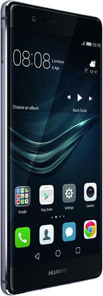 Huawei P9 Plus front view displaying home screen with time, weather widget, and app icons including Phone, Contacts, and Camera