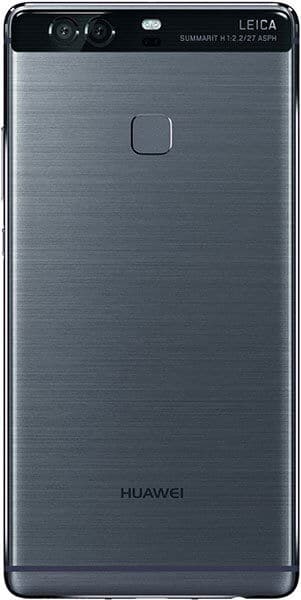 Huawei P9 Plus rear view, showing dual Leica camera system, fingerprint sensor, and brushed metal back panel