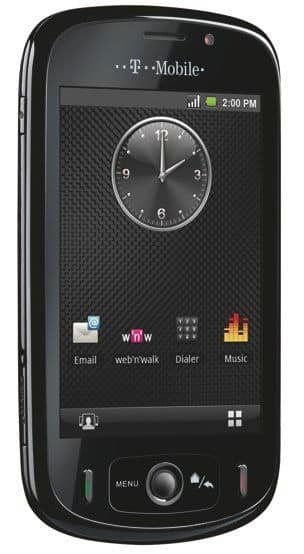 Front view of black Huawei U8220 T-Mobile showing touchscreen with app icons; buttons and trackball below the display.
