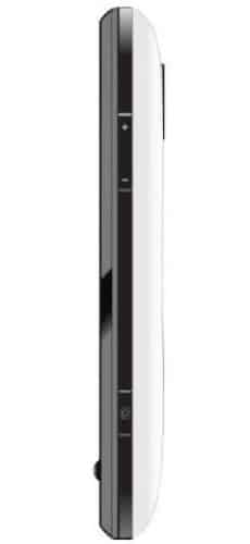 Side view of Huawei U8220 showing slim profile, white back, black front, and side volume rocker and lock button against white background.