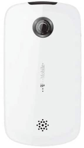 Rear view of white Huawei U8220 showing top camera, central T-Mobile logo, and lower speaker grille.