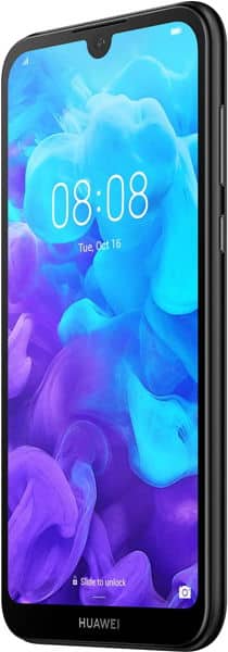 Huawei Y5 (2019) smartphone, front view, displaying home screen with time 08:08 and blue-purple abstract wallpaper
