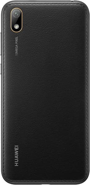 Huawei Y5 (2019) rear view, black textured back with single camera lens and Huawei branding