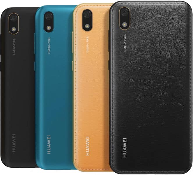 Huawei Y5 (2019) rear view in four color options: black, teal, gold, and dark gray