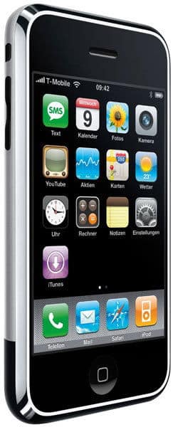 Apple iPhone 3G front view displaying home screen with app icons including SMS, Calendar, Photos, YouTube, Clock, iTunes, Phone, Mail, Safari, and Stocks