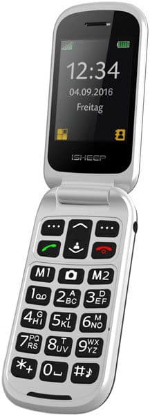 iSheep SF220 flip phone open, displaying time 12:34 on screen with large physical keypad below