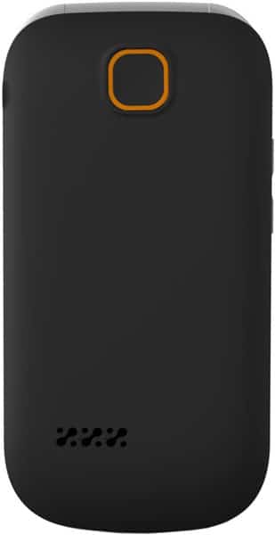 iSheep SF220 mobile phone, rear view, black with orange power button and speaker grille