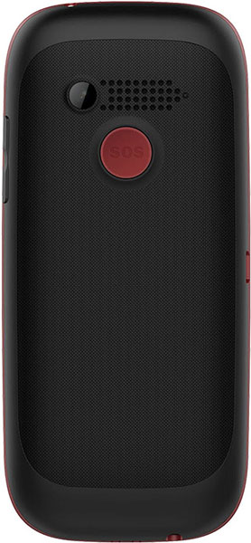 Rear view of the Jethro SC318 shows a textured black surface, camera lens, speaker grille, and central red SOS button.