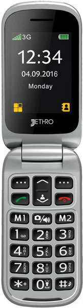 Jethro SC330v2 flip phone, open, displaying time 12:34 and date Monday 04.09.2016 on screen