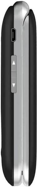 Jethro SC330v2 flip phone, side view, showing closed silver and black exterior with control buttons