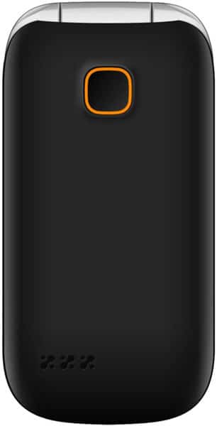 Jethro SC330v2 flip phone, rear view, black with orange accent button and charging contacts visible at bottom