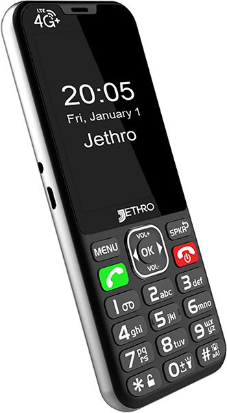 Jethro SC490 mobile phone, front view, displaying time 20:05 and date Friday January 1 on screen, with physical keypad below