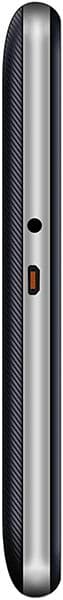 Jethro SC490 phone, front view, showing silver and black design with small speaker hole and orange-accented button