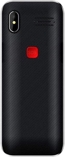 Jethro SC490 rear view, black textured back with dual camera and red SOS button