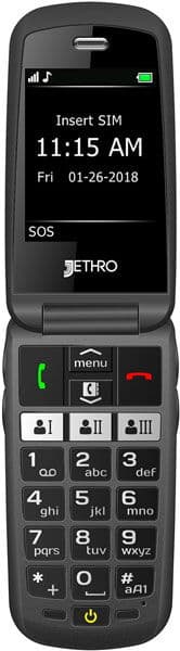 Jethro SC729 flip phone, open, showing time 11:15 AM and date 01-26-2018 on display screen