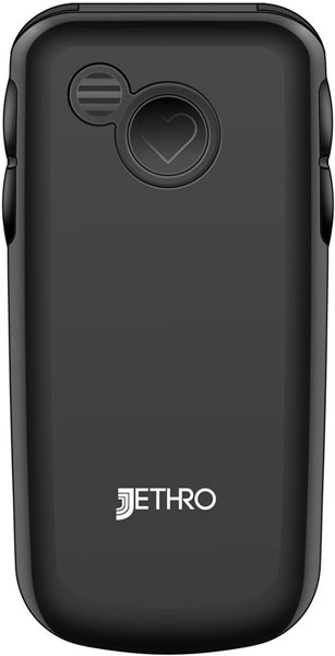 Jethro SC729 mobile phone, rear view, showing black clamshell design with heart-shaped camera lens and JETHRO branding